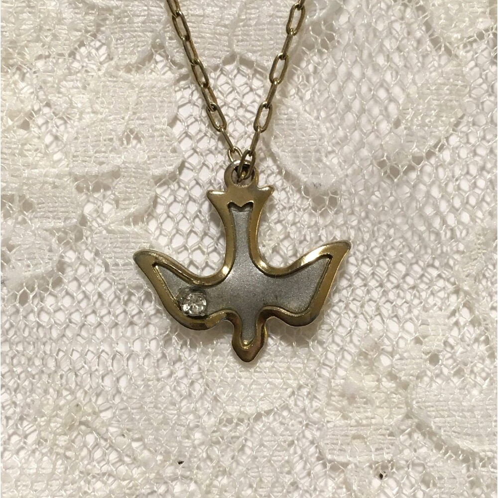Vintage Bird Dove Pendant Necklace Silver Gold tone Rhinestone